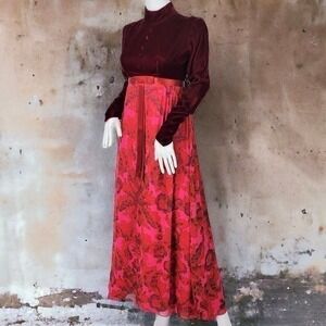 Prom Dress Burgundy Velvet Silk Chiffon Paisley Vintage 1970s Gothic Gown
